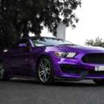 Purple Mustang Eco sports car parked on a street with trees in the background.