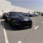 A sleek black Mustang GT sports car with blue stripes parked in a nearly empty lot on a clear day. Other cars are lined up in the background.