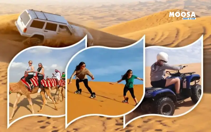 A collage showcasing desert safari dubai adventures: a jeep driving through dunes, tourists riding camels, sandboarding, and ATV riding.