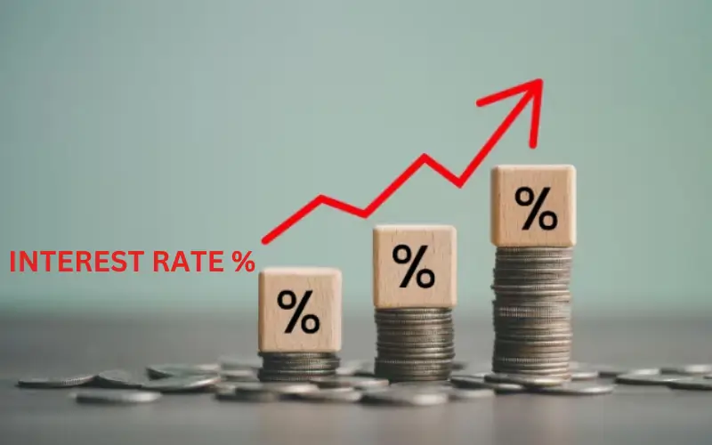 Stacked coins with percentage blocks depict rising interest rates, illustrated by a red upward arrow and the text "INTEREST RATE %."